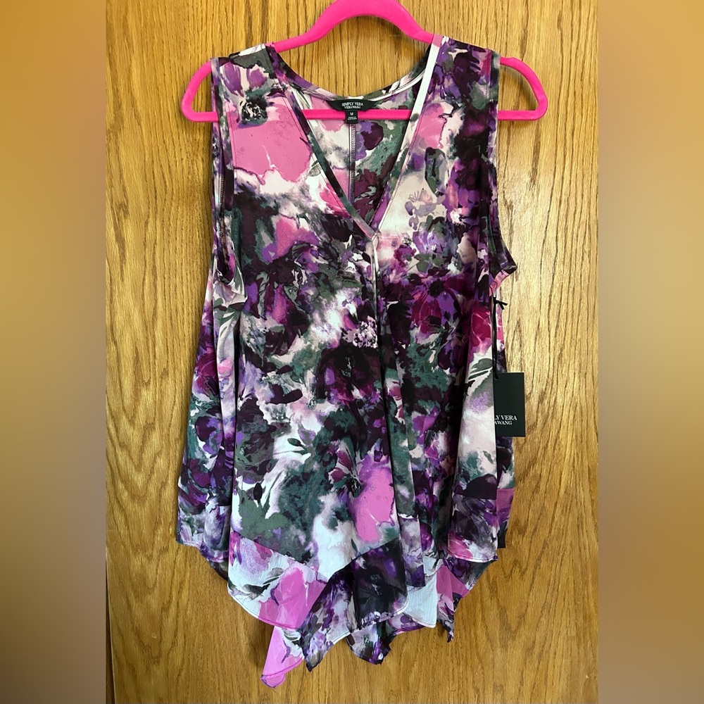 NWT SIMPLY VERA VERA WANG Purple Floral Handkerchief Tank Top Blouse M